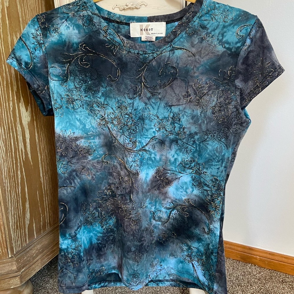 KIKIT Top, Tie Dye, Cerulean Teal Blue Gray, Sz S